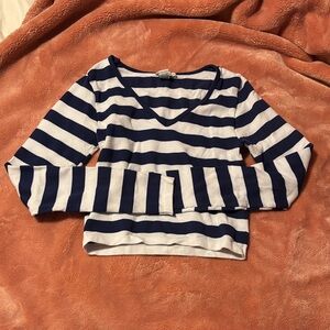 Navy and White Striped V-Neck Long Sleeve Top